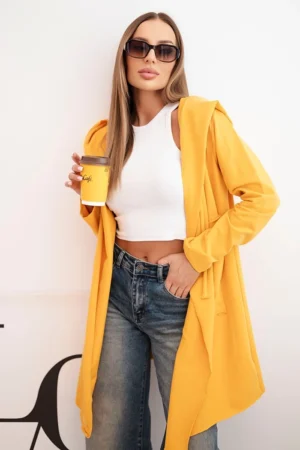 Garstyčių spalvos laisvai krentanti striukė su gobtuvu