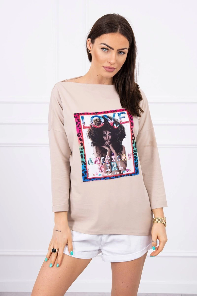 Amerikietiška mergaitė grafinė palaidinė smėlio spalvos S/M - L/XL