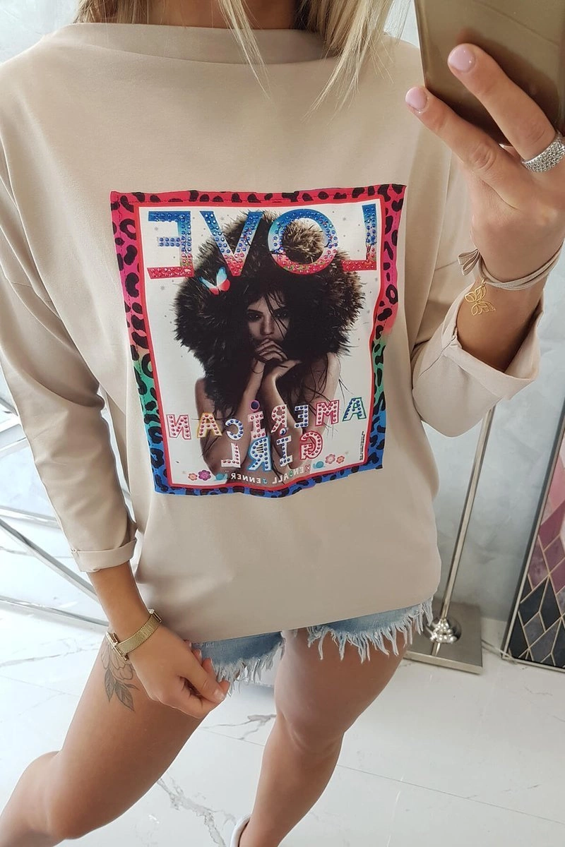 Amerikietiška mergaitė grafinė palaidinė smėlio spalvos S/M - L/XL - Image 4