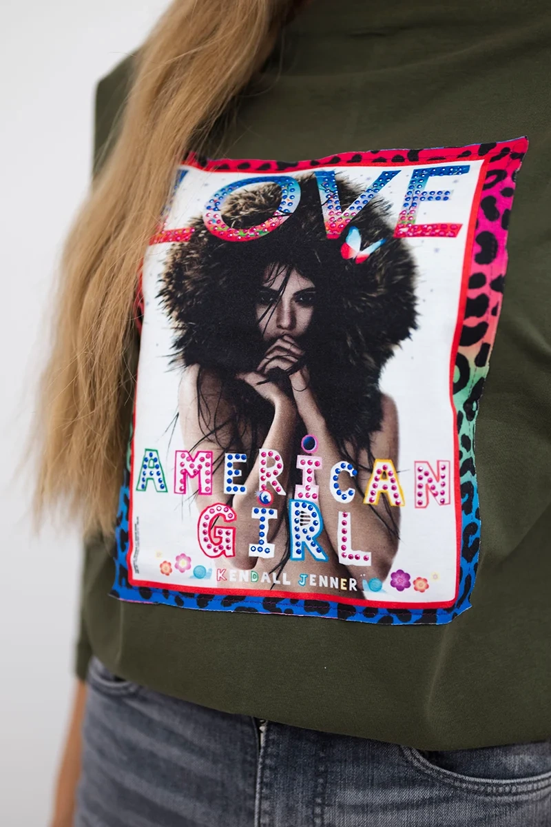 Amerikietiška mergaitė chaki spalvos grafinė palaidinė S/M - L/XL - Image 4