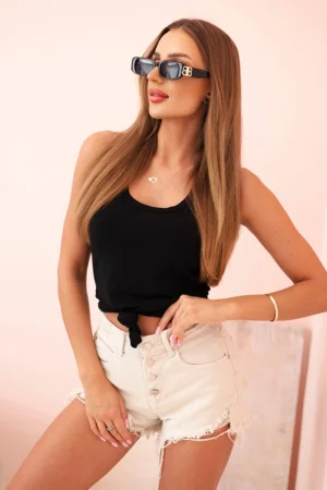 Moteriška palaidinė su petnešomis iš medvilnės su apvaliu iškirpimu juoda