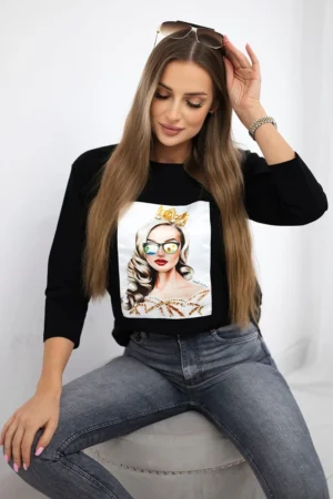 Palaidinė su mergaitės su 3D akiniais grafika juoda