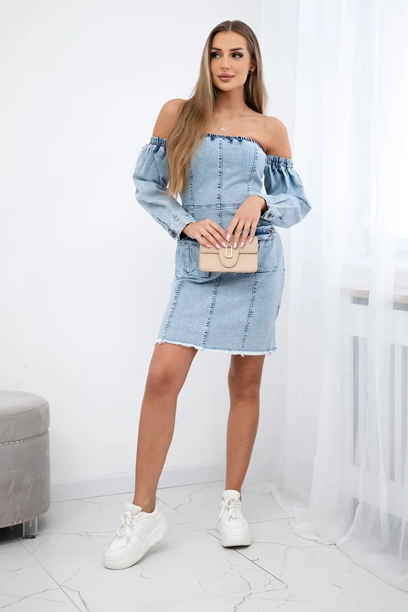 Džinsinė suknelė su ruožu, atvirais pečiais S/M-L/XL - Image 2