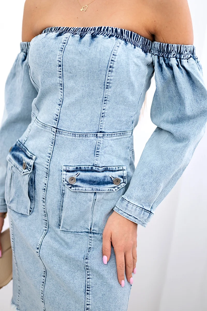 Džinsinė suknelė su ruožu, atvirais pečiais S/M-L/XL - Image 3