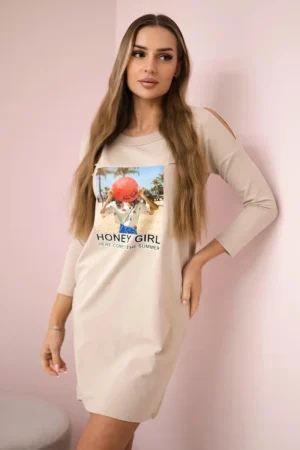 Medaus mergaitė spausdinta suknelė smėlio spalvos