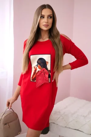 Suknelė su grafiniu ir 3D žirnių lanku raudona