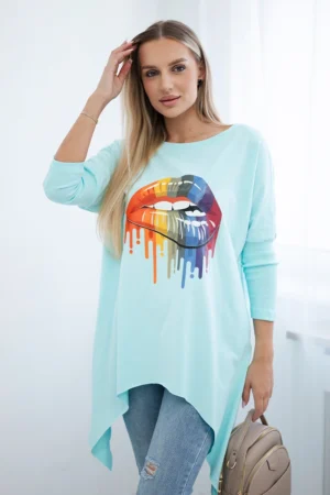 Didelio dydžio palaidinė su vaivorykštės lūpų raštu mėtų spalvos