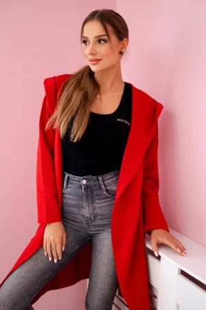 Ilgas paltas su gobtuvu raudonos spalvos