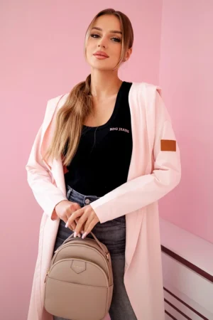 Ilgas apsiaustas su gobtuvu šviesiai rožinės spalvos