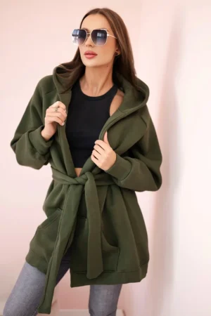 Šildanti striukė su kaklaraiščiu chaki spalvos