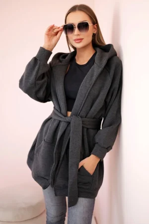 Grafito spalvos šildanti striukė su raiščiu ant juosmens