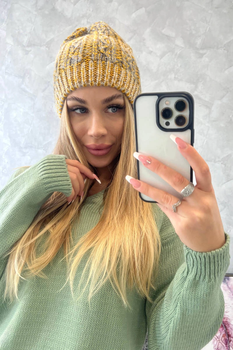 Melisa vilnonė kepurė K241 mustard+grey - Image 3