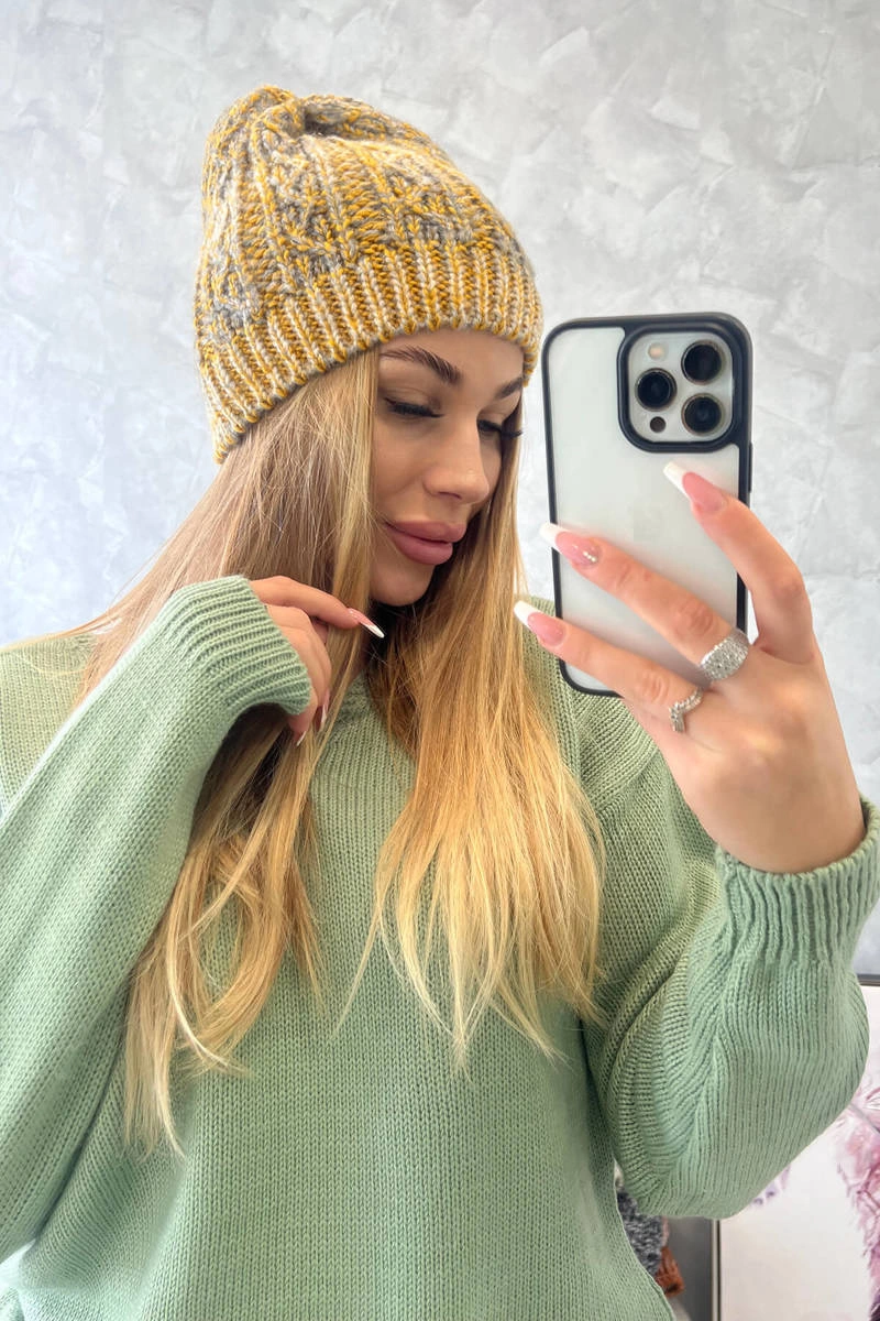 Melisa vilnonė kepurė K241 mustard+grey - Image 4