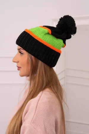 Kinga moteriška kepurė K297 juoda+žalia neon+oranžinė