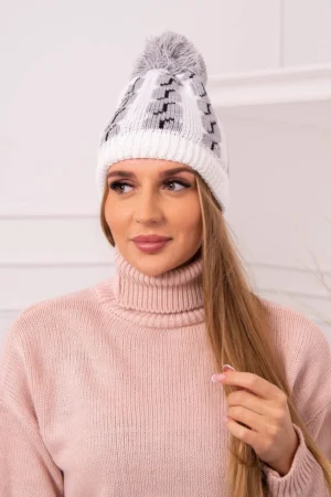 Moteriška kepurė su pomponu Rozalia K323 pilka+balta