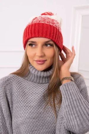 Moteriška kepurė su pomponu Abigail K326 Raspberry+ecru
