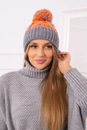 Moteriška kepurė su pomponu Abigail K326 pilka+neon orange