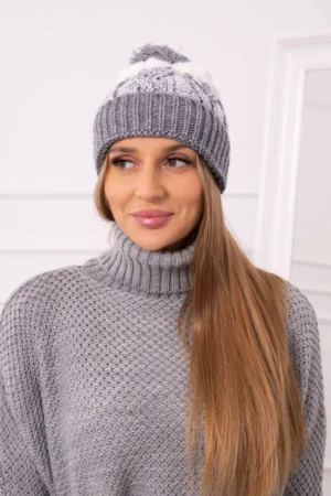 Moteriška kepurė su pomponu Abigail K326 pilka+balta