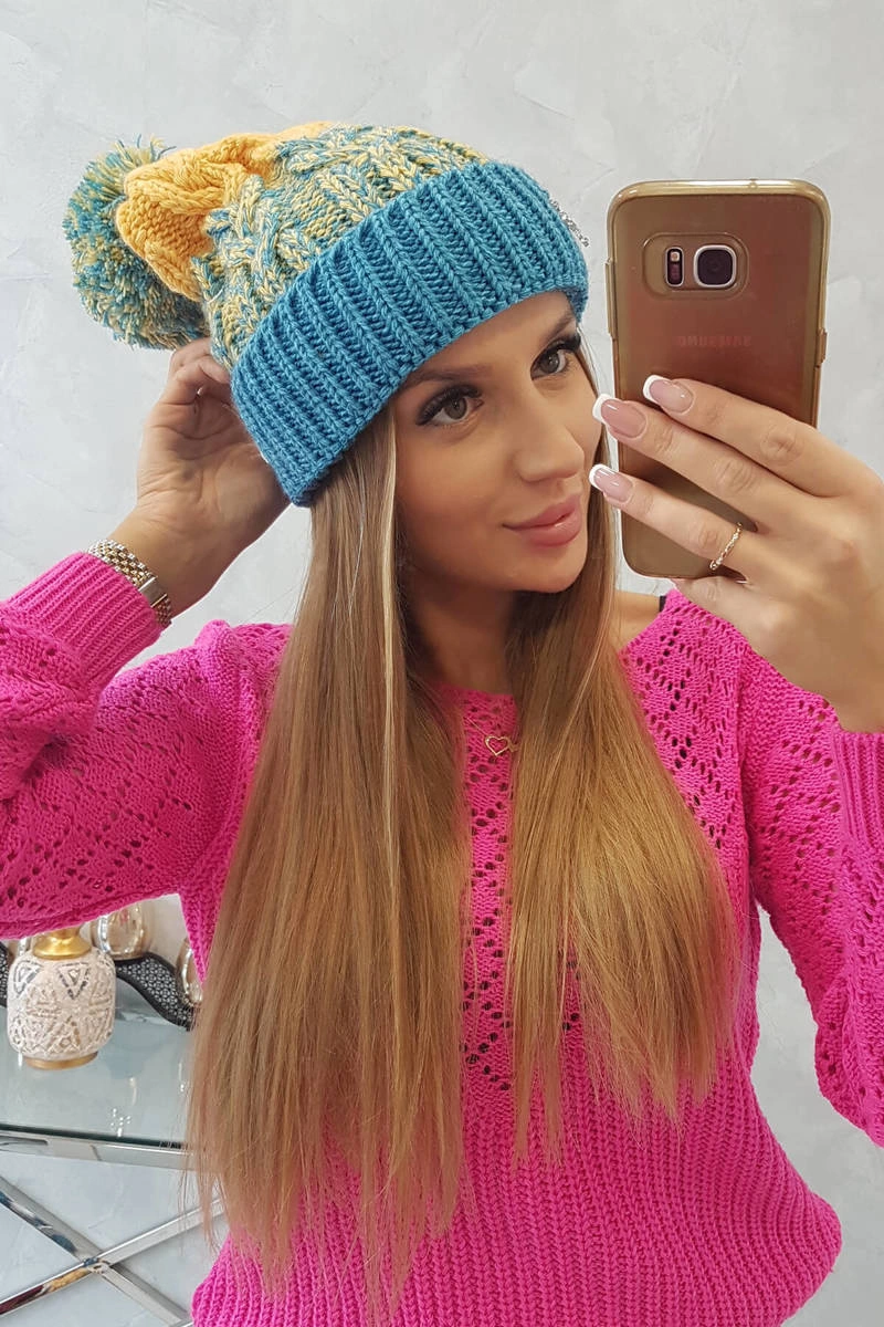 Moteriška kepurė su pomponu Abigail K326 turquoise+yellow - Image 3