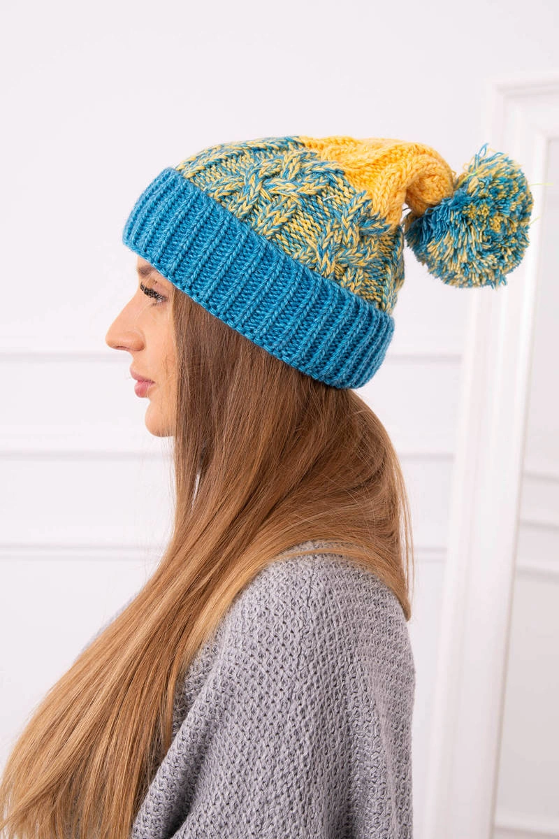 Moteriška kepurė su pomponu Abigail K326 turquoise+yellow - Image 2