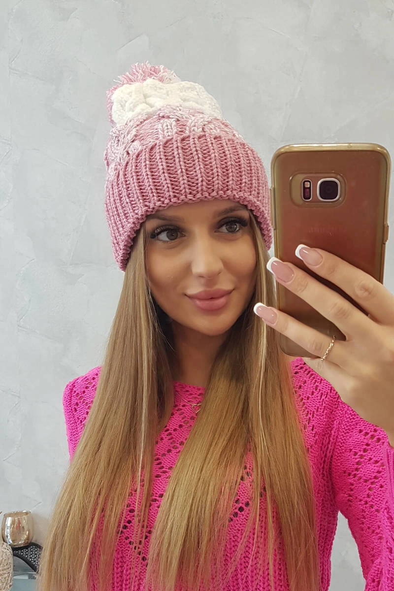 Moteriška kepurė su pomponu Abigail K326 powder pink+ecru - Image 4