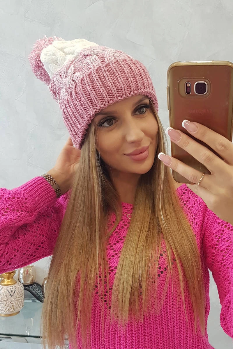 Moteriška kepurė su pomponu Abigail K326 powder pink+ecru - Image 3