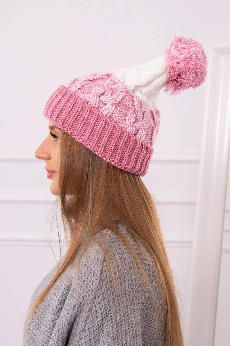 Moteriška kepurė su pomponu Abigail K326 powder pink+ecru - Image 2