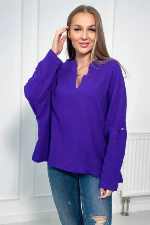 Tamsiai violetinė muslino palaidinė su rankovėmis