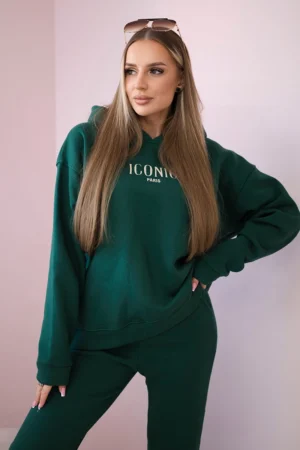 Izoliuotas medvilnės rinkinys, džemperis su siuvinėtomis + kelnės žalias