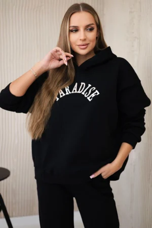 Medvilninis rinkinys su išsiuvinėtu užrašu Paradise šviesiai juodas