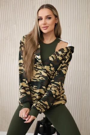 3 dalių moor komplektas - palaidinė, marškinėliai ir tamprės chaki + smėlio spalvos