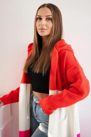 Dryžuotas megztinis su gobtuvu raudona+ecru+rožinis neonas