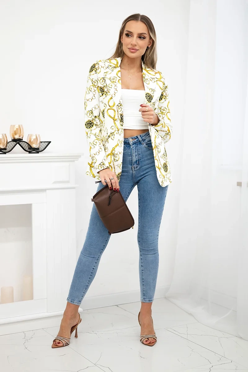 Spausdinta medvilninė striukė su mygtuku ecru+geltona - Image 2