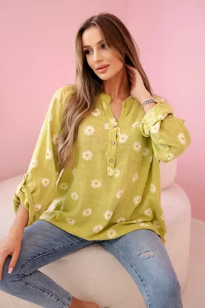 Lininė moteriška palaidinė su gėlėmis, ilgomis rankovėmis ir sagomis kiwi