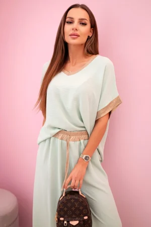 Viskozės komplektas su auksiniu apvadu tamsios mėtos