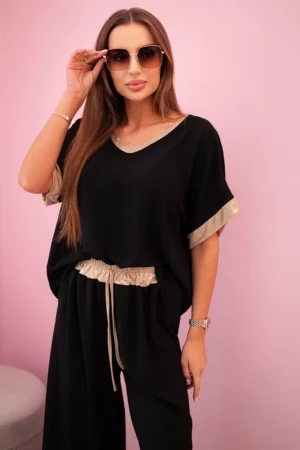 Viskozės komplektas su auksiniu apvadu juodas