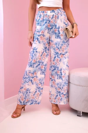 Moteriškos plačios kelnės su gėlių atspaudu mėlynas
