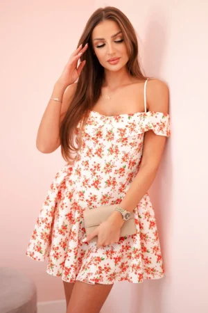 Moteriška gėlėta suknelė plikais pečiais ecru