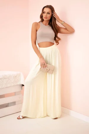 Moteriškos plačios viskozės kelnės su elastine juosmens juosta geltona