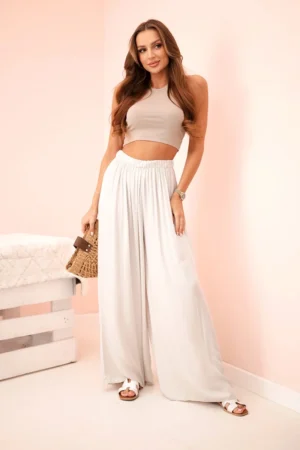 Moteriškos plačios viskozės kelnės su elastinga juosmens juosta smėlio spalvos