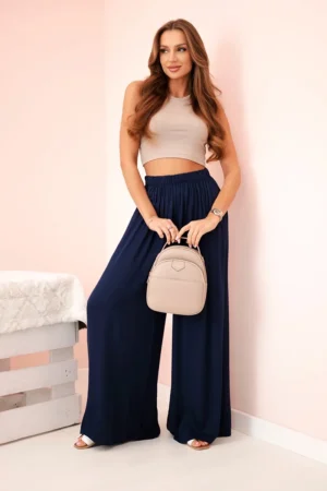 Moteriškos plačios viskozės kelnės su elastinga juosmens juosta tamsiai mėlynos spalvos