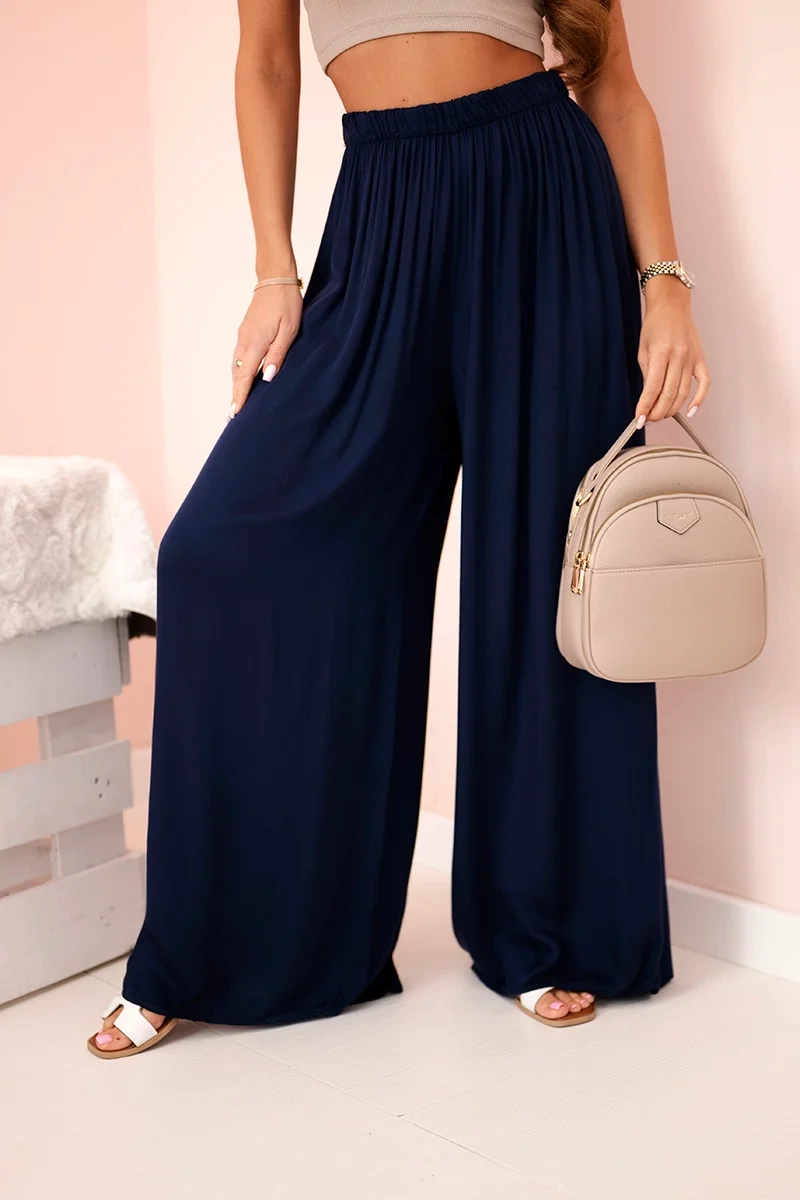 Moteriškos plačios viskozės kelnės su elastinga juosmens juosta tamsiai mėlynos spalvos - Image 2