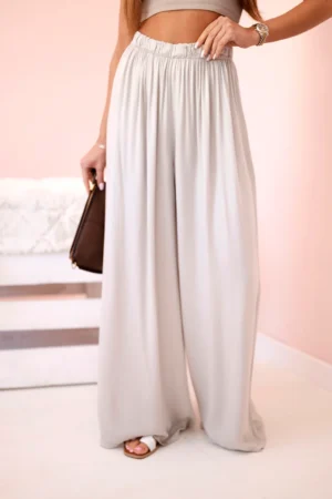 Moteriškos plačios viskozės kelnės su elastinga juosmens juosta tamsiai smėlio spalvos