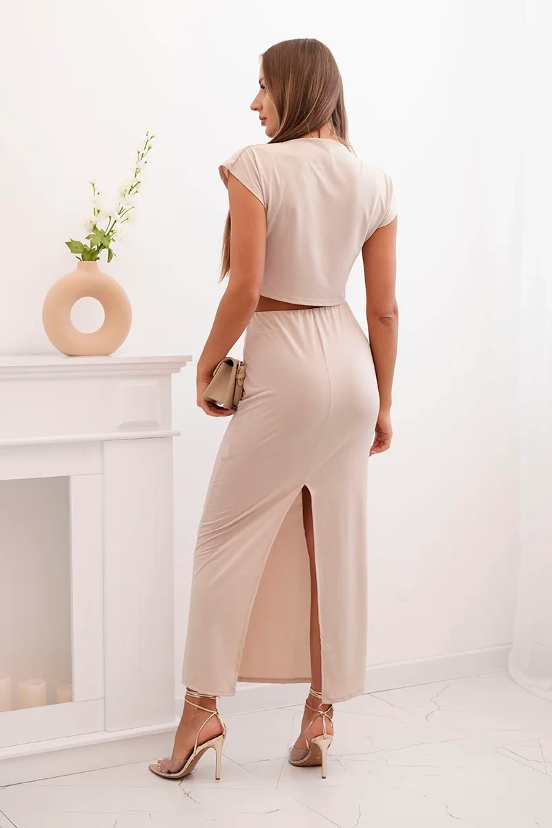 Moteriškas komplektas su bluze su dekoratyviniu sagtimi ir prigludusia sijonu - béžinis - Image 4