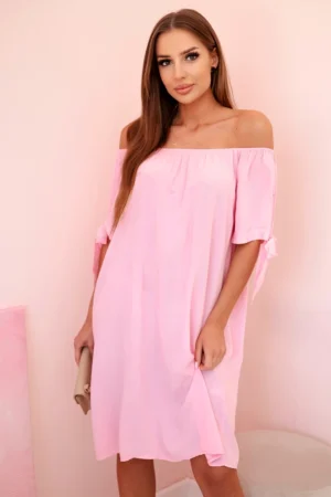 Moteriška viskozinė suknelė su raišteliais ant rankovių, saldainių rožinė