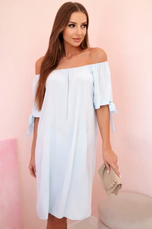 Moteriška viskozinė suknelė su raišteliais ant rankovių mėlyna