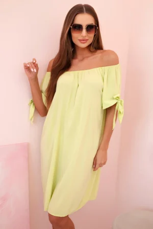 Moteriška viskozinė suknelė su raišteliais ant rankovių pistacijų spalva