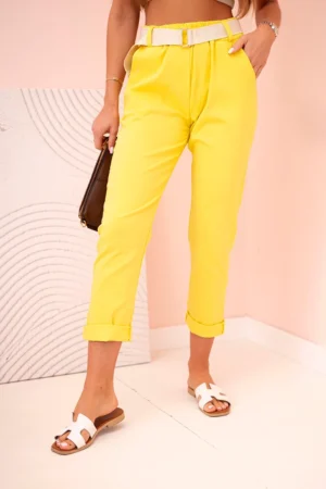 Moteriškos viskozės kelnės su diržu ir susukta koja tamsiai geltona