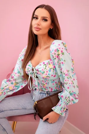 Moteriška gėlėta ispaniška palaidinė ilgomis rankovėmis mėta