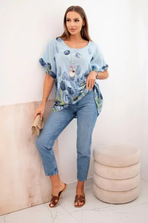 Moteriški medvilniniai marškiniai su gėlių raštu mėlynas